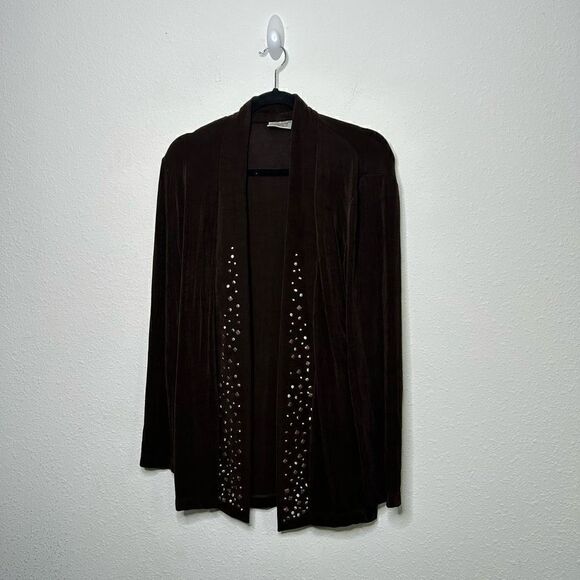 Chico’s Travelers Slinky Knit Brown Studded Open Front Cardigan Jacket 1 (M) - Picture 1 of 7